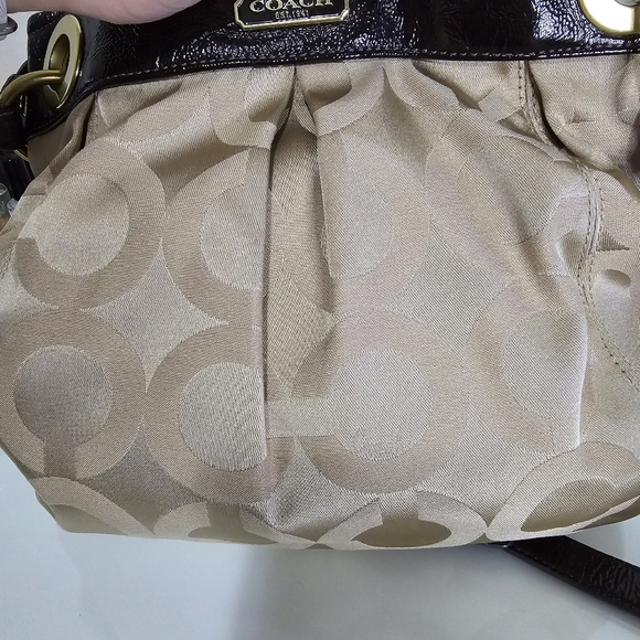 COACH Brown Tan Printed Canvas Patent Leather Top Handle Shoulder Tote Bag - Picture 10 of 16